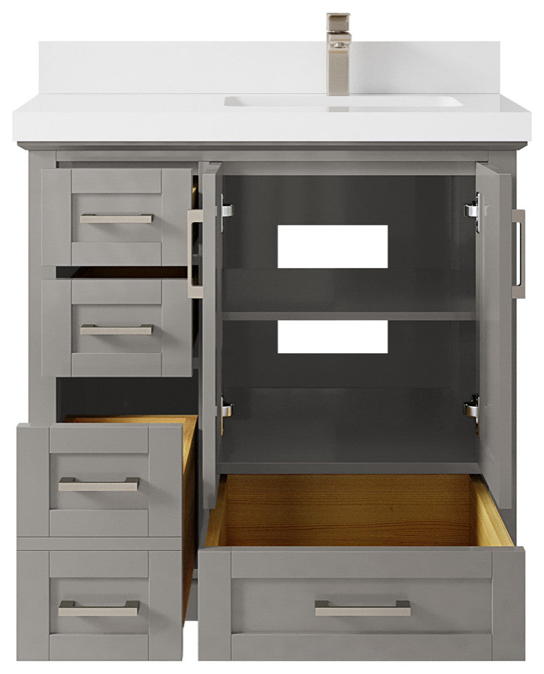 Boston 36 Right Offset Bath Vanity in Elephant Skin Gray 2" White Quartz