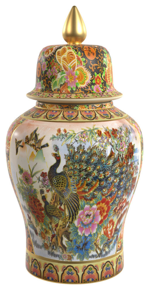 32" Satsuma Peacock Porcelain Temple Jar