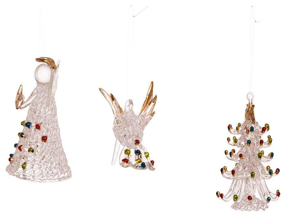 3" Spun Glass Angel, Tree and Bird Ornaments 3-Piece Set