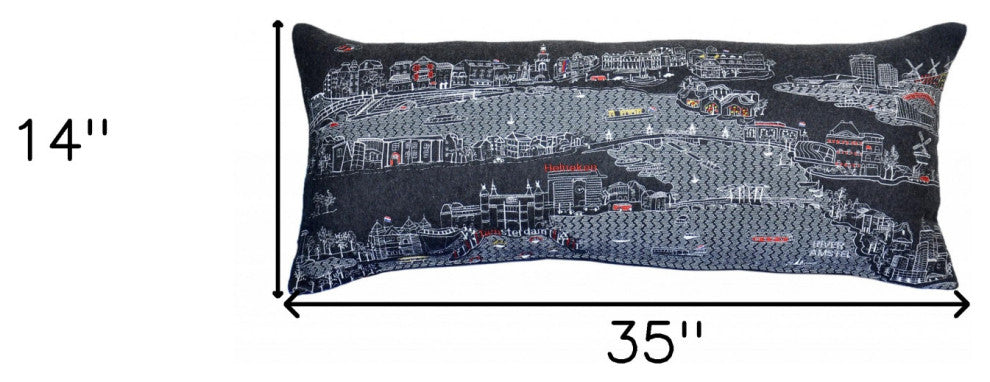 35" Black Amsterdam Nighttime Skyline Lumbar Decorative Pillow