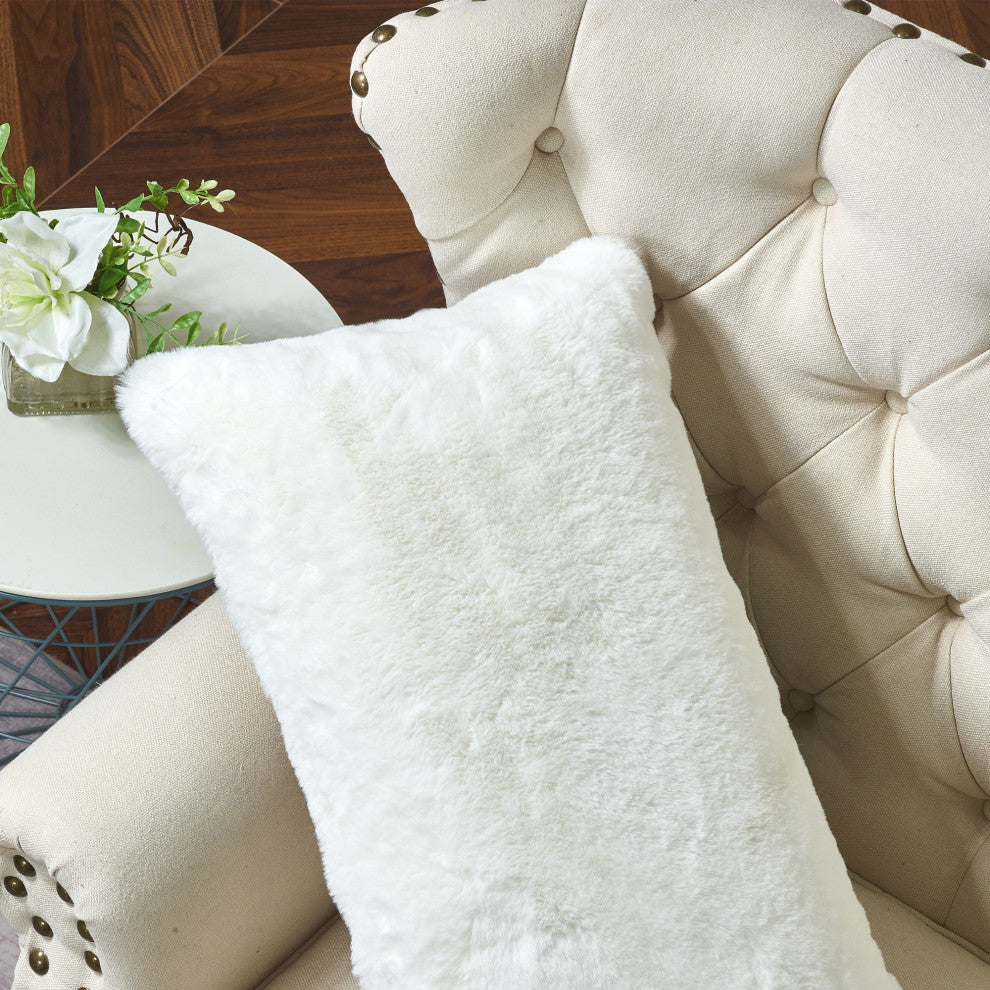 Heavy Faux Fur Throw Pillow Covers 2pcs Set, Bright White, 14''x26''