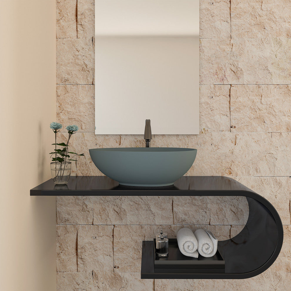 21in Bathroom Egg-shaped Concrete Vessel Sink With Drainer, Blue Ashes