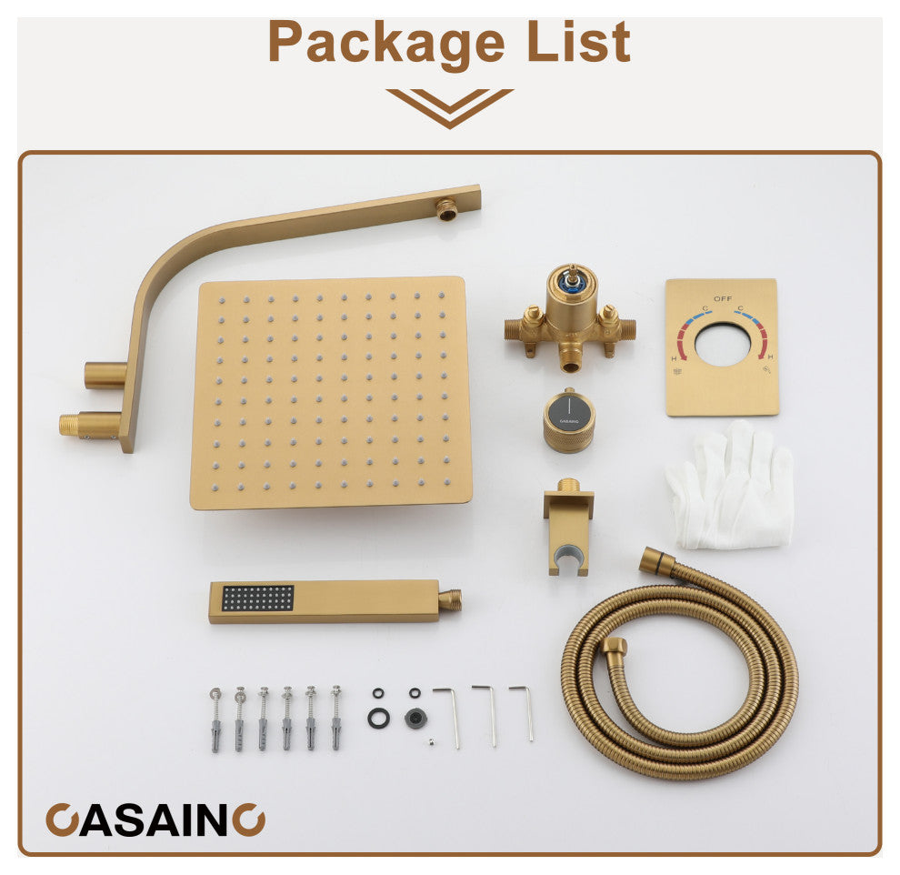 10inch Wall Mounted Rain Shower System With Handheld & Unique Shower Arm, Brushed Gold