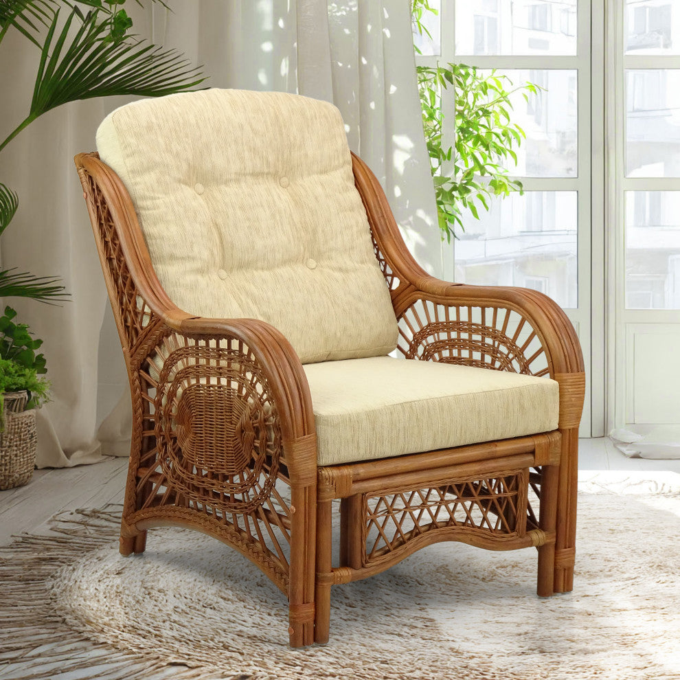 Malibu Lounge Armchair, Natural Rattan Wicker Handmade, Colonial, Cream Cushions