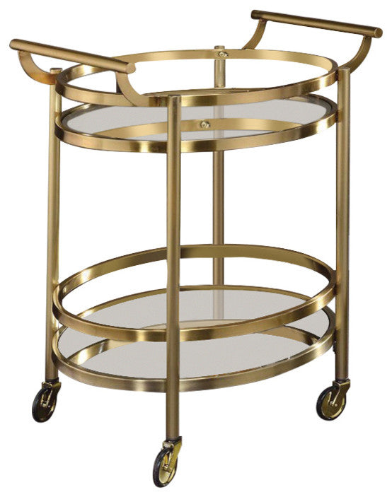 Benzara BM158855 Oval Metal Serving Cart, Clear Glass and Gold