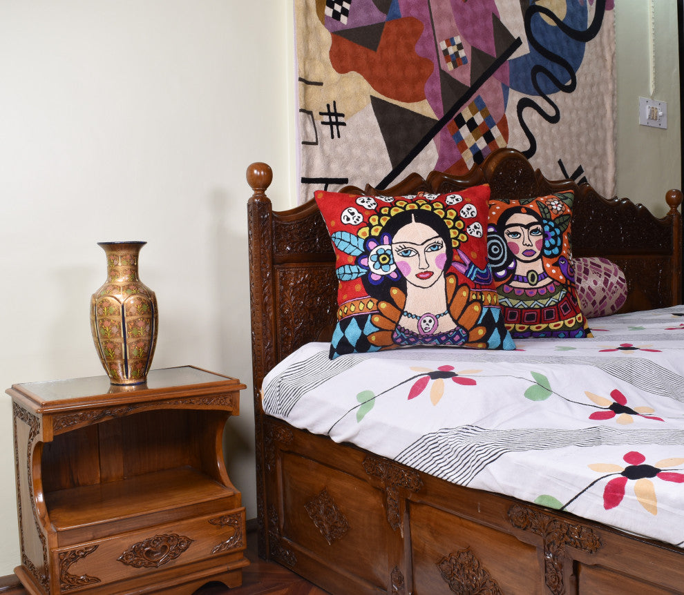 Frida Kahlo Inspired Pillow Cover Red Tiara Hand Embroidered Wool 18x18