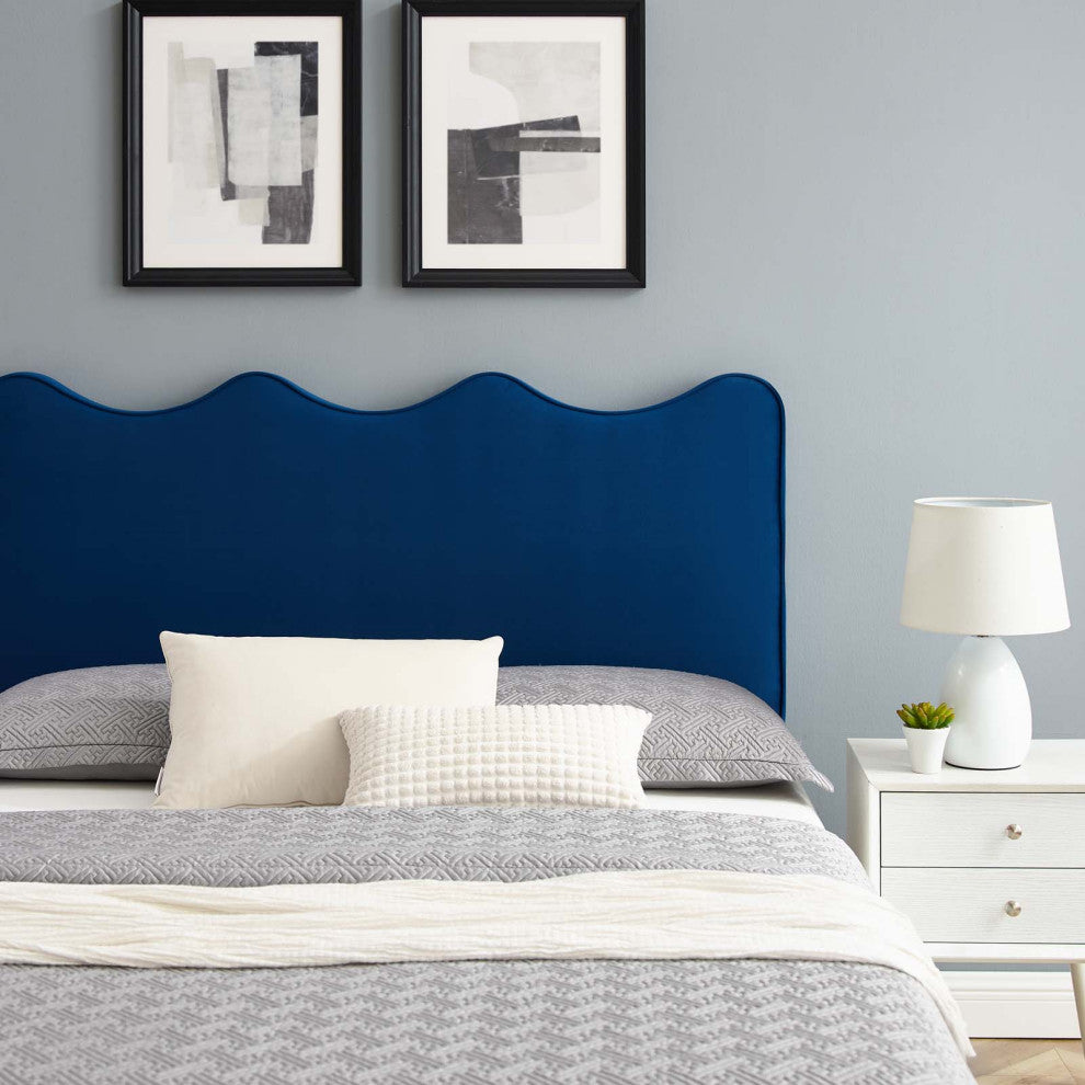Platform Bed Frame, King Size, Blue Navy, Velvet, Modern, Bedroom Guest Suite