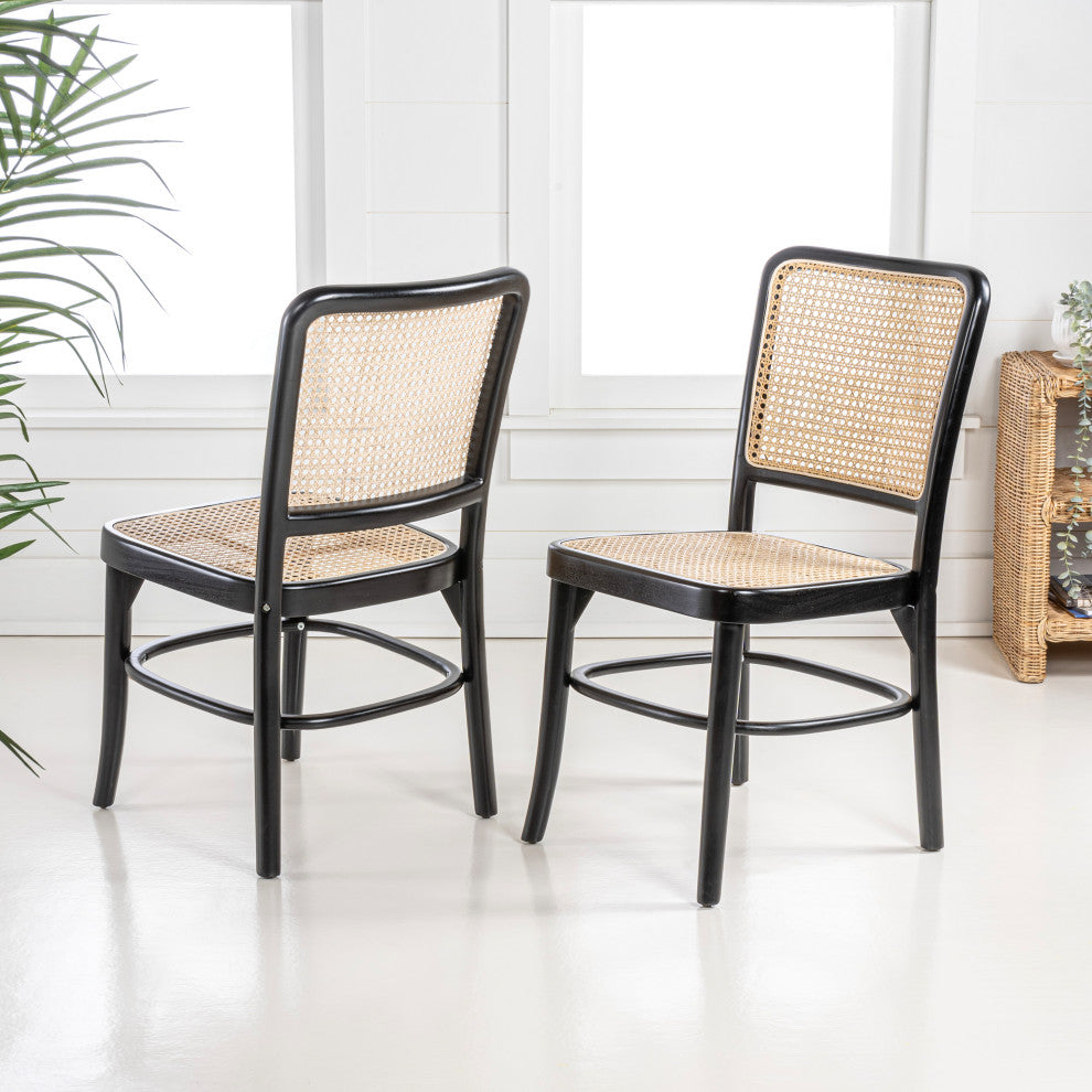 Colmar Mid-Century Vintage Wood Rattan Dining Chair, Black/Natural, Set of 2