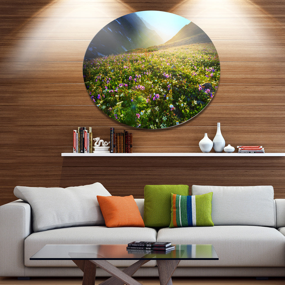Meadow With Colorful Flowers, Landscape Disc Metal Artwork, 36"