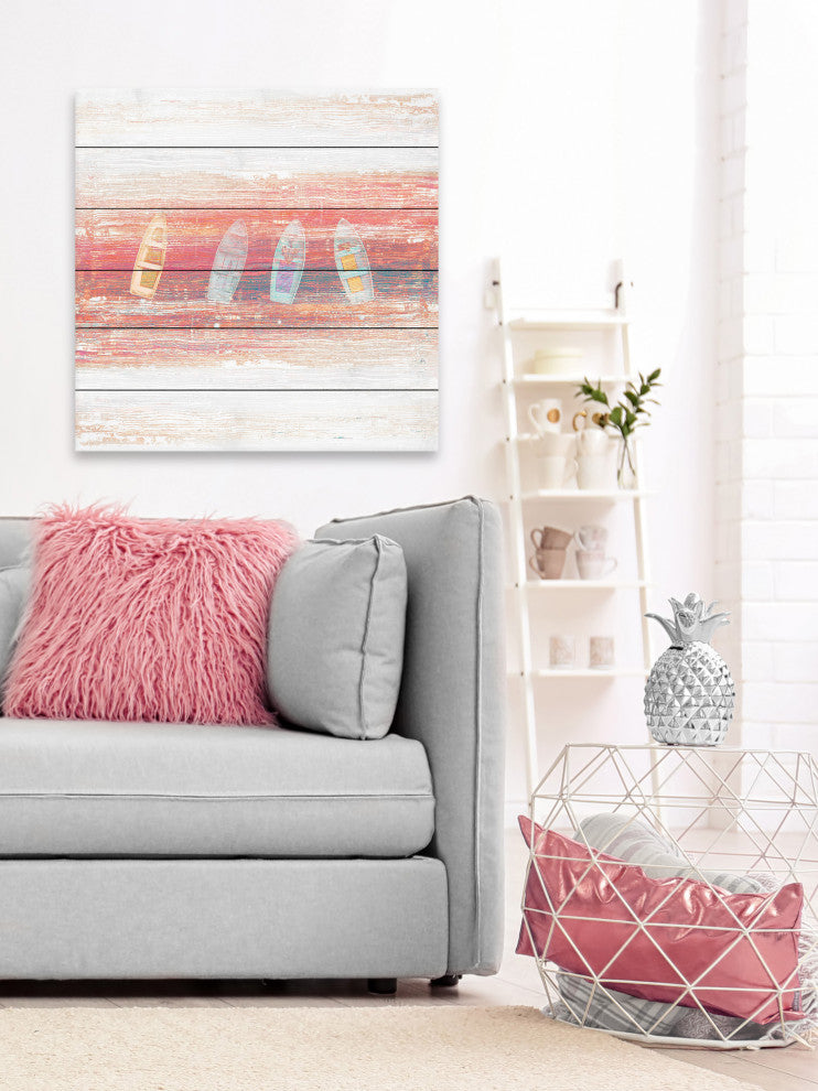 "Four Small Boats" Painting Print on White Wood, 40"x40"