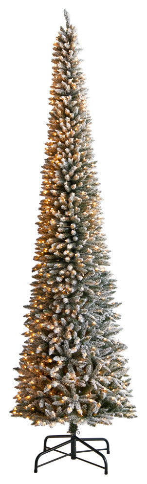 12' Flocked Pencil Artificial Christmas Tree 1000 Clear Lights & 1819 Branches