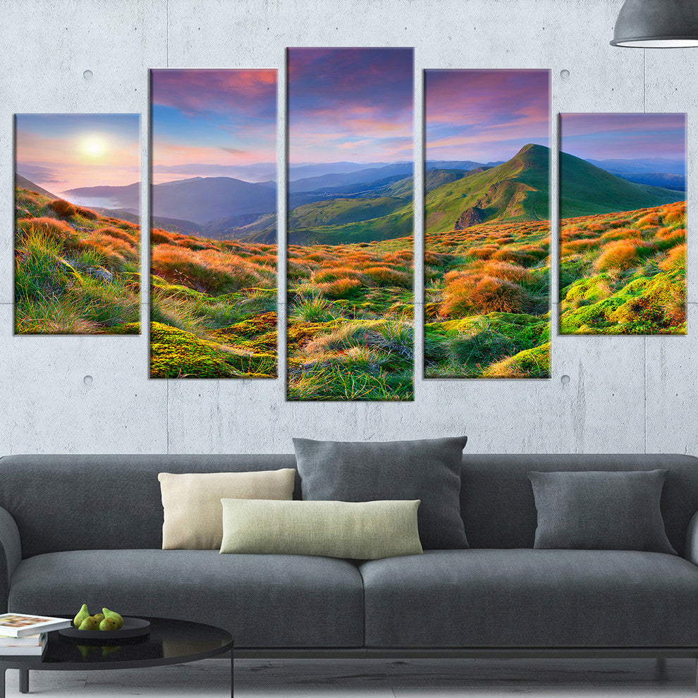 "Purple Sky and Green Mountains" Landscape Photo Wall Art, 5 Panels, 60"x32"