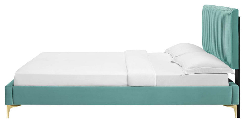 Platform Bed Frame, Full Size, Velvet, Blue, Modern Contemporary, Bedroom Master