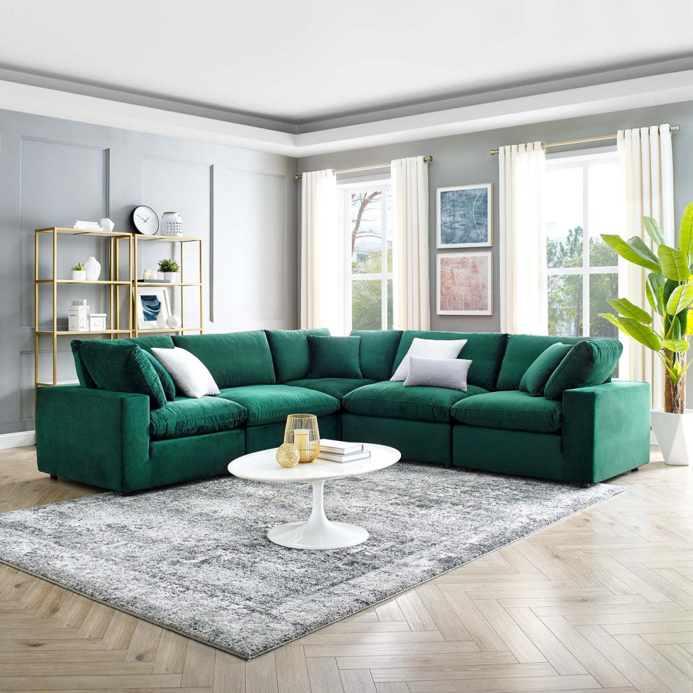 Sectional Sofa Set, Velvet, Green, Modern, Living Lounge Hotel Lobby Hospitality