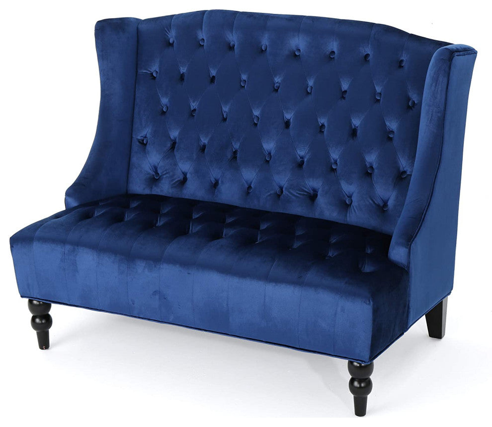 Traditional Tufted Velvet Wingback Loveseat, Navy Blue