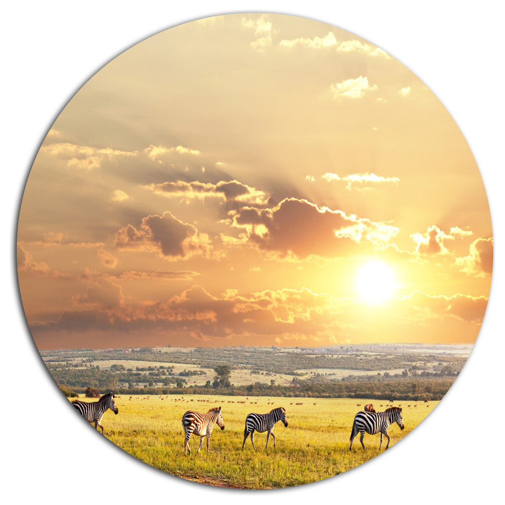 Zebras Wandering In African Prairie, Landscape Disc Metal Wall Art, 23"