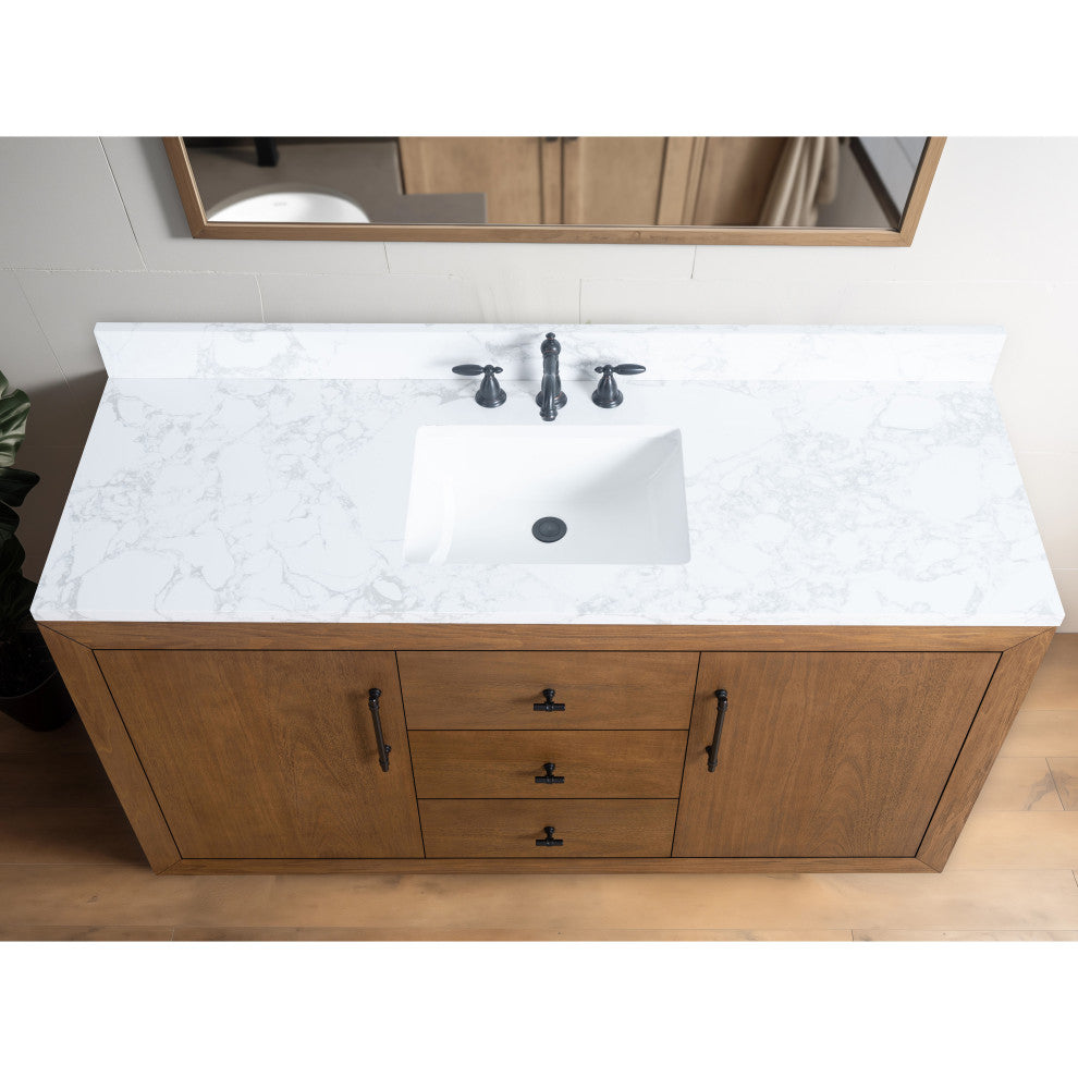 Vanity Art Bathroom Vanity With Sink, Tan, 60" Single, Arabescato White Engineered Marble Top