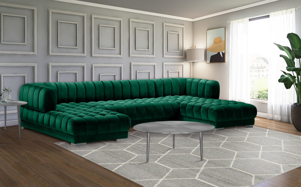 Gwen Biscuit Tufted Velvet Upholstered 3 Piece Sectional, Green