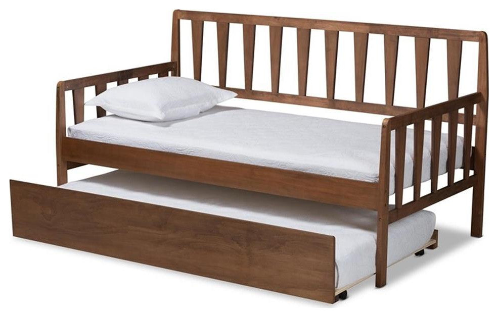 Midori Walnut Brown Wood Twin Size Daybed With Roll, Out Trundle Bed