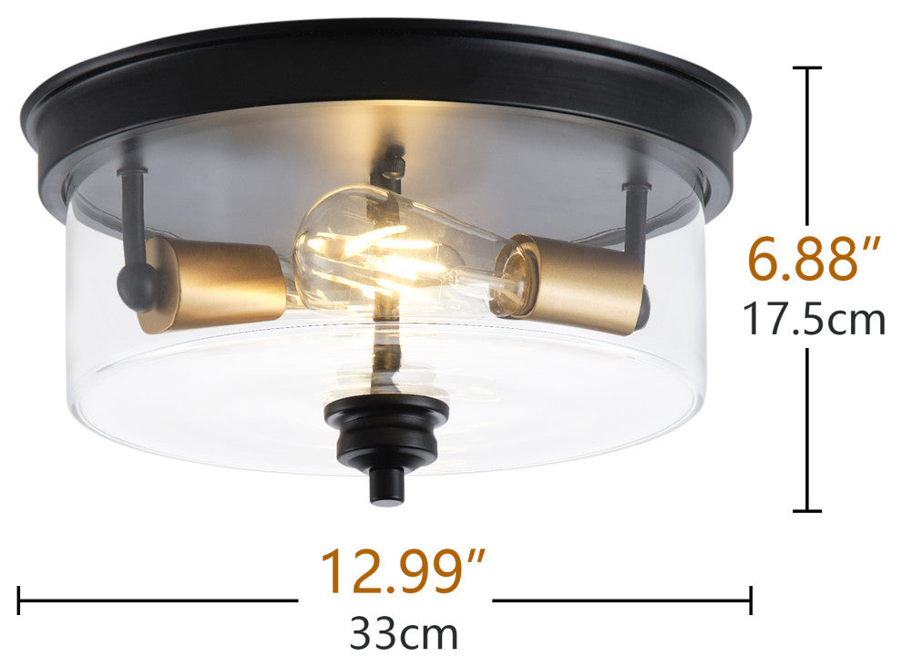 2-Light Farmhouse Close to Ceiling Lighting Fixture with Clear Glass Shade