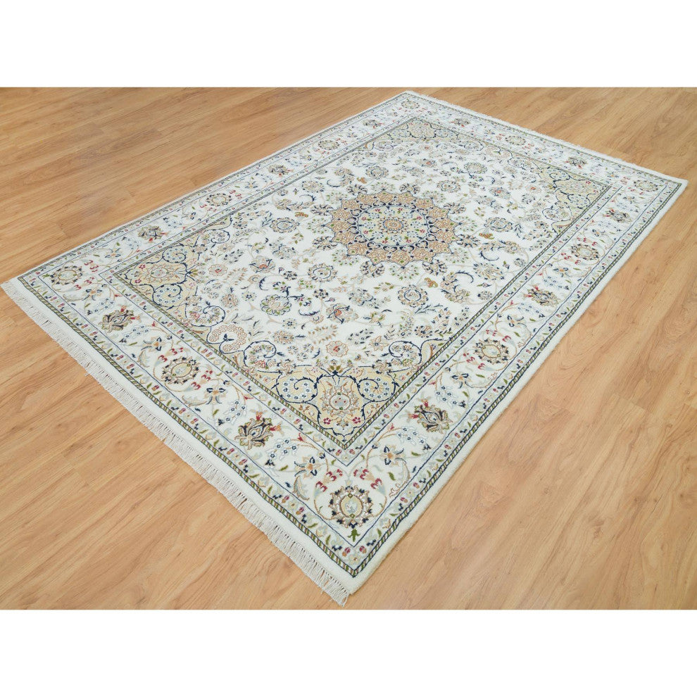 Powder White, Hand Knotted, Nain Design, 250 KPSI Natural Wool Rug, 6'1"x9'1"