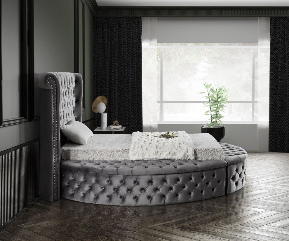 Luxus Button Tufted Velvet Round Bed, Gray, Twin