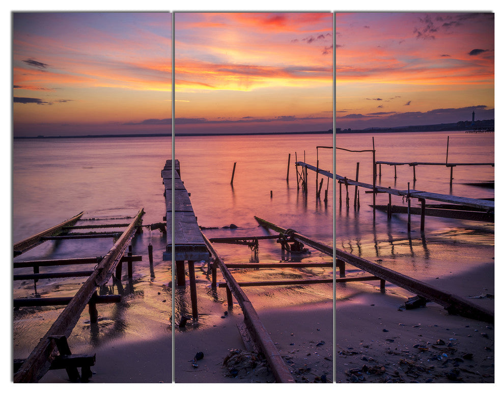 Fishing Pier in Sea at Sunset, Seashore Triptych Canvas Print, 36x28, 3 Panels