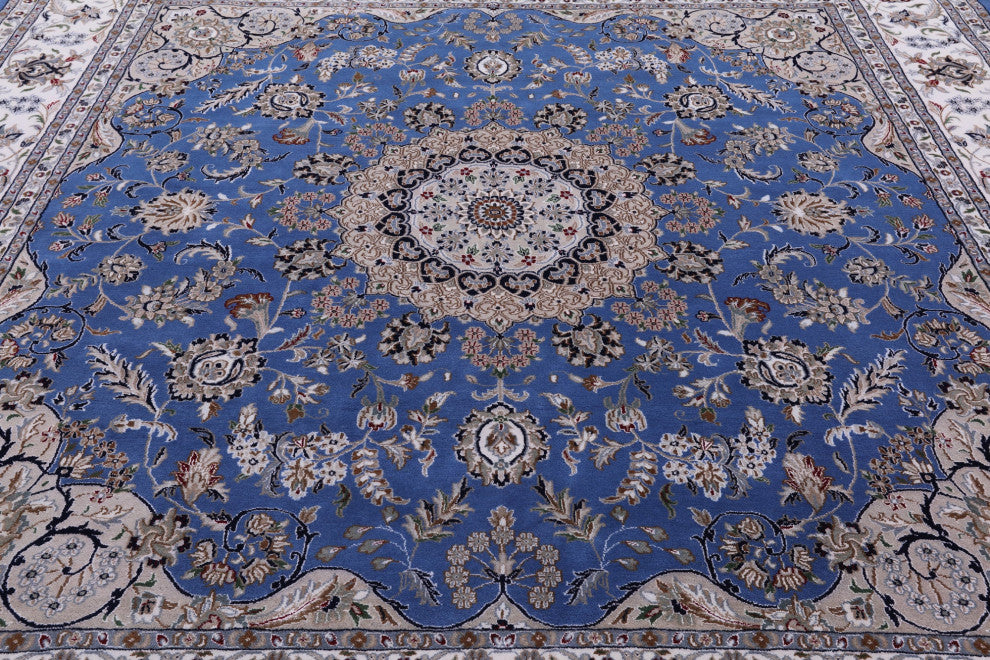 10' Square Persian Nain Wool & Silk Hand Knotted Rug - Q13146