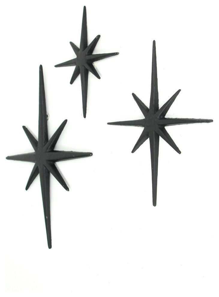 Set of 3 Black Cast Iron Starburst Wall Hangings Mid Century 8 Pointed Stars