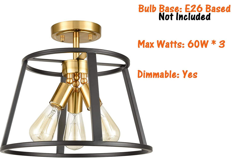3 Light Semi Flush Mount, Cage Ceiling Lamp, Brass and Black