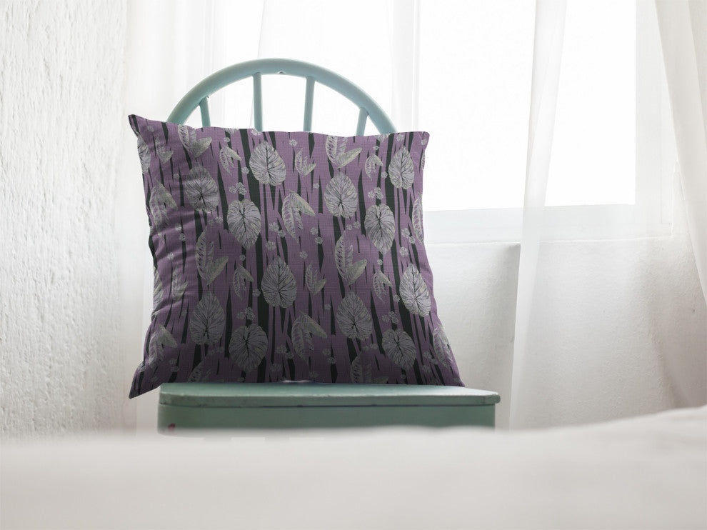 18" Lavender Black Fall Leaves Zippered Suede Throw Pillow