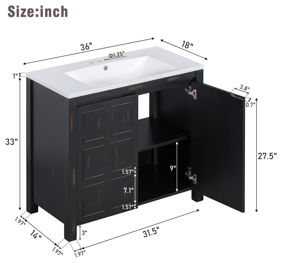 36 inch Freestanding Bath Vanity in Retro Espresso with White Resin Top
