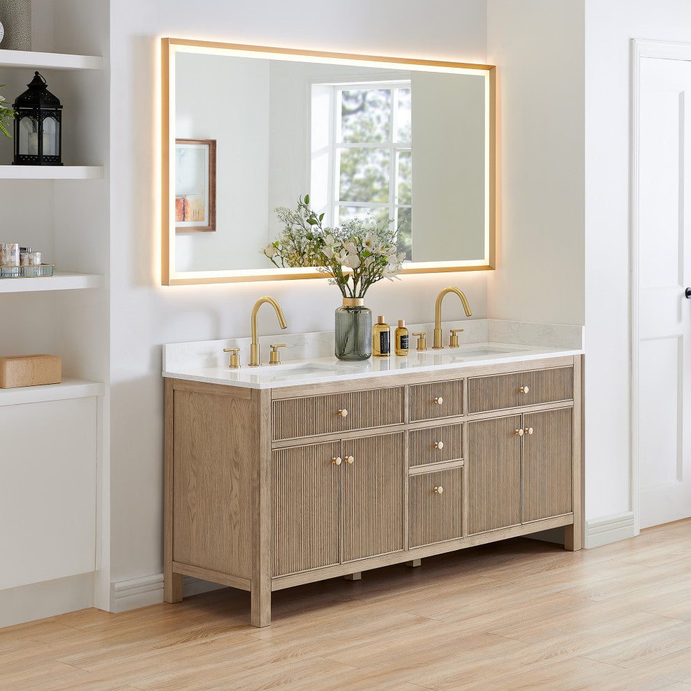 Cerrito Bathroom Vanity, Natural Oak, 72" Double, With Mirror