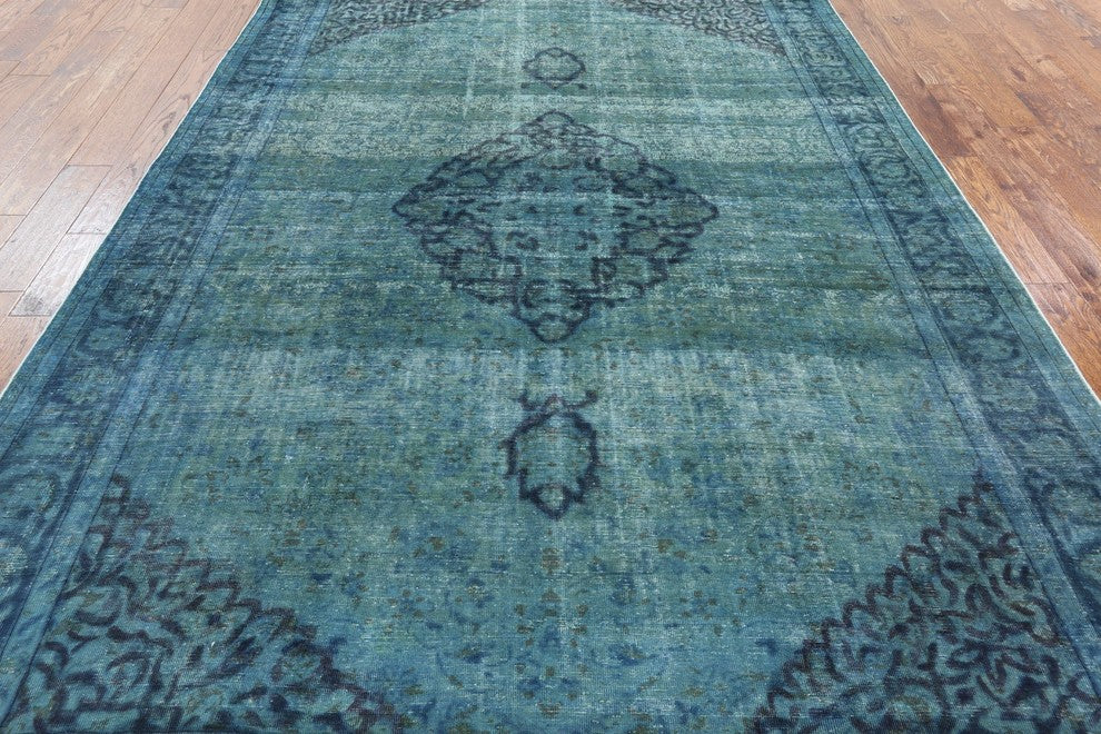 Traditional 7x10 Green Overdyed Hand Knotted Floral Oriental Wool Area Rug