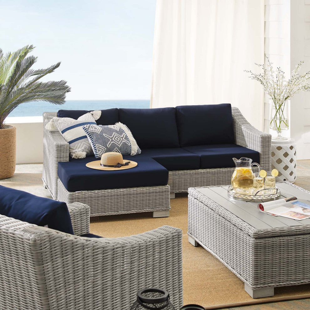 Lounge Sofa Chair Table Set, Rattan, Wicker, Gray Blue Navy, Outdoor