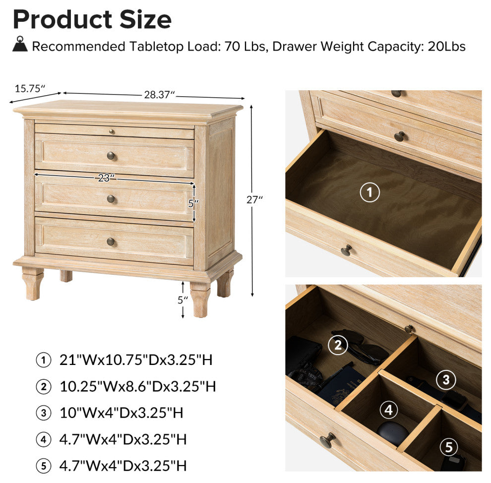 3-Drawer Nightstand With  Built-In Outlets Set of 2, Natural