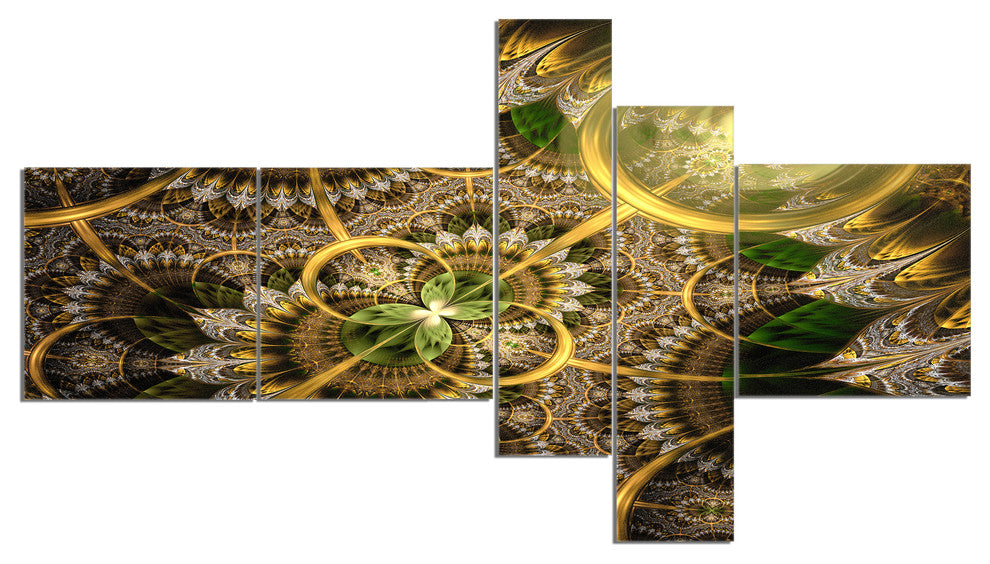 Dark Green and Gold Fractal Flower, Floral Canvas Art Print, 60"x32", 5 panels