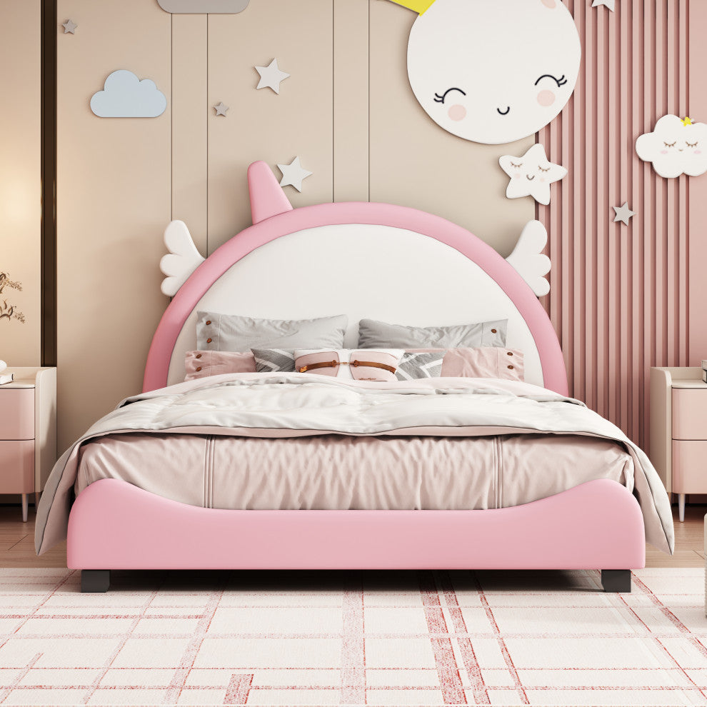 Gewnee Upholstered Full Platform Bed With Unicorn Shape Headboard in Pink