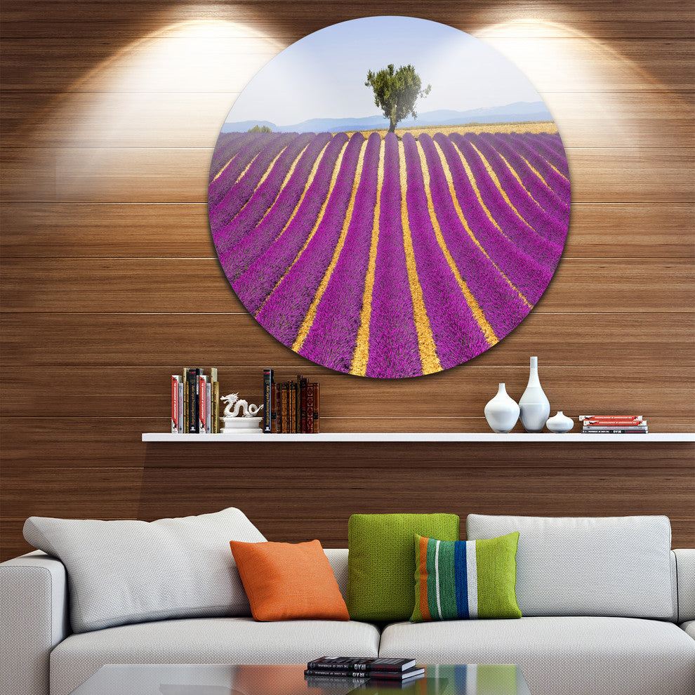 Lavender And Lonely Tree Uphill, Landscape Disc Metal Wall Art, 23"