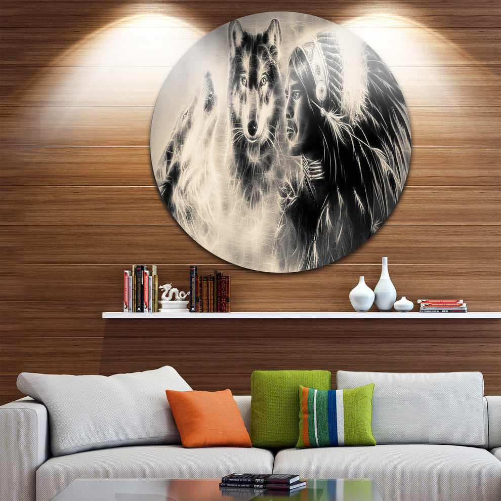 Indian Warrior With Wolves, Digital Art Large Disc Metal Wall Art, 23"