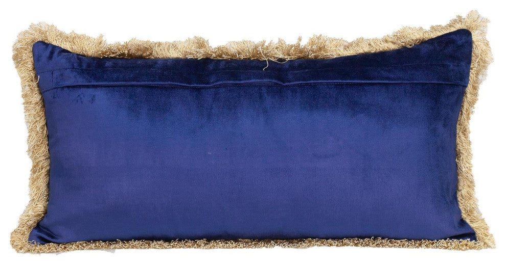 Boho Blue With Gold Fringe Decorative Lumbar Throw Pillow