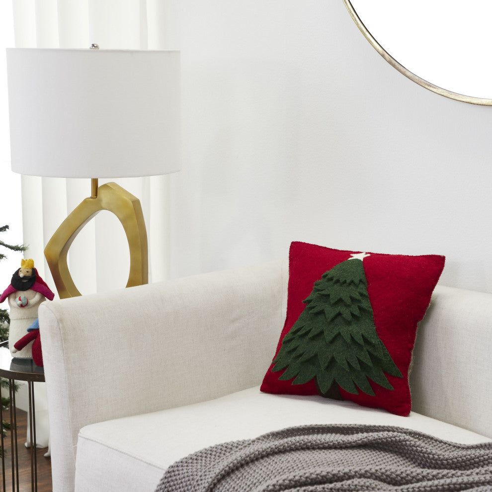 Handmade Christmas Pillow Cover in Hand Felted Wool - Tree on Red - 14", Pillow (Includes Insert)