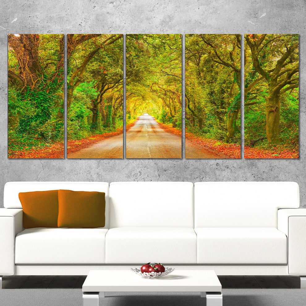 "Fall Greenery And Road Straight Ahead" Forest Wall Art, 5 Panels, 60"x28"