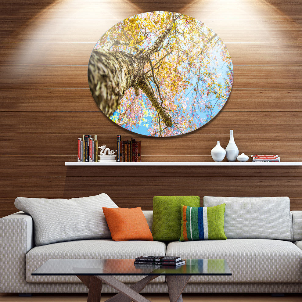 Under Branch Of Yellow Cherry Tree, Trees Large Disc Metal Artwork, 11"