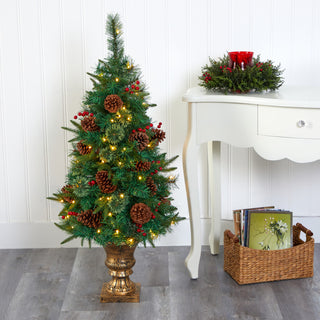4' Pine, Pinecone and Berries Artificial Christmas Tree, Decorative Urn