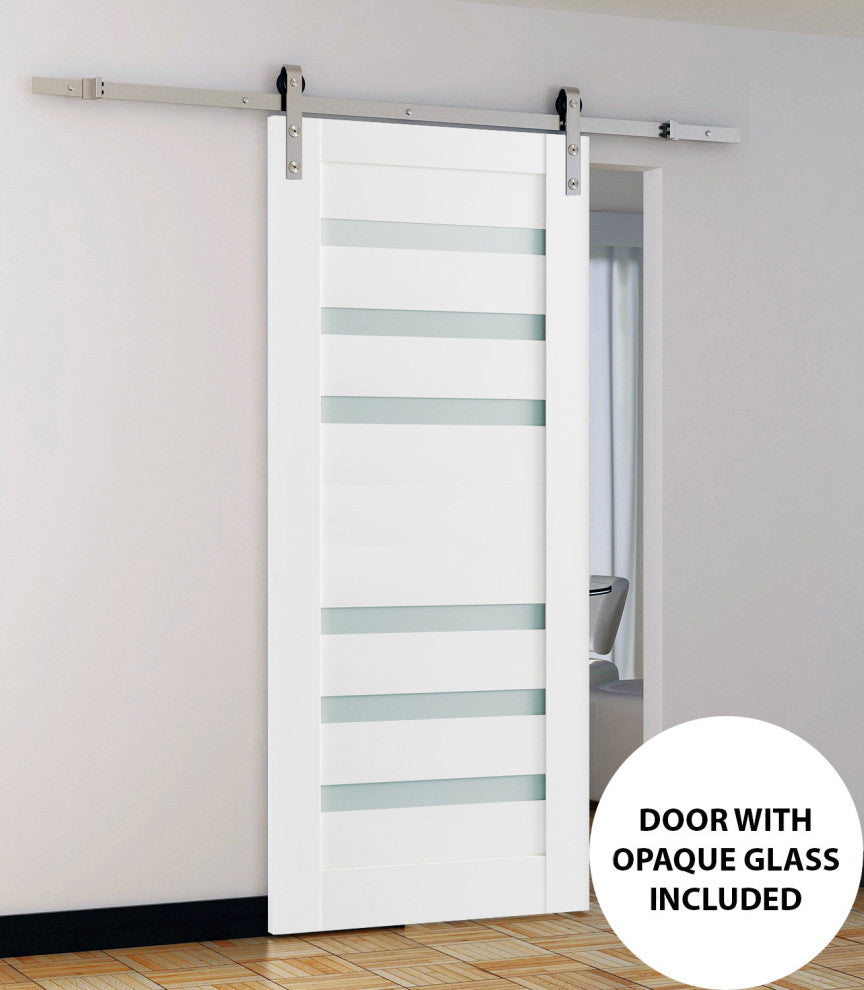 Barn Door 42 x 96 Frosted Glass, Quadro 4266 White, Silver 8' Set