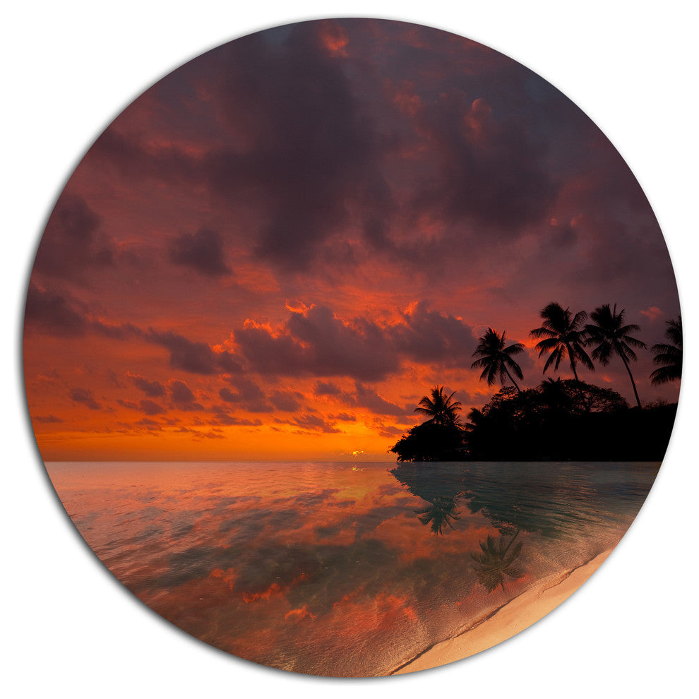 Beautiful Sunset At Tropical Beach, Seashore Disc Metal Wall Art, 23"