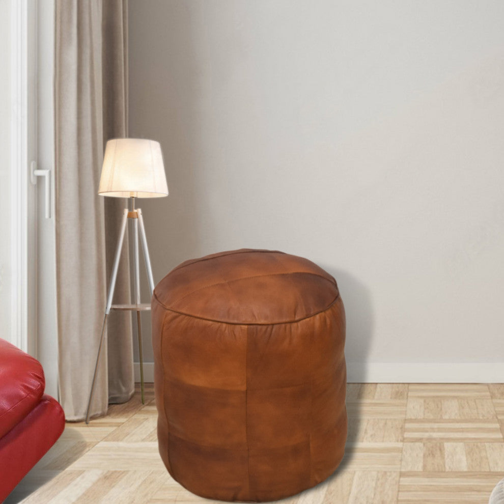 Geometric Handmade Leather Pouf, Recycled Foam With Fiber Fill, Cognac Color, Round, 14x14x14