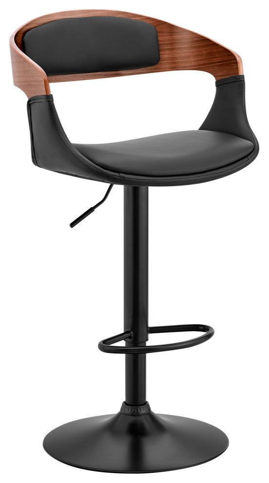 Benson Adjustable Faux Leather and Wood Bar Stool With Metal Base, Black and Wal