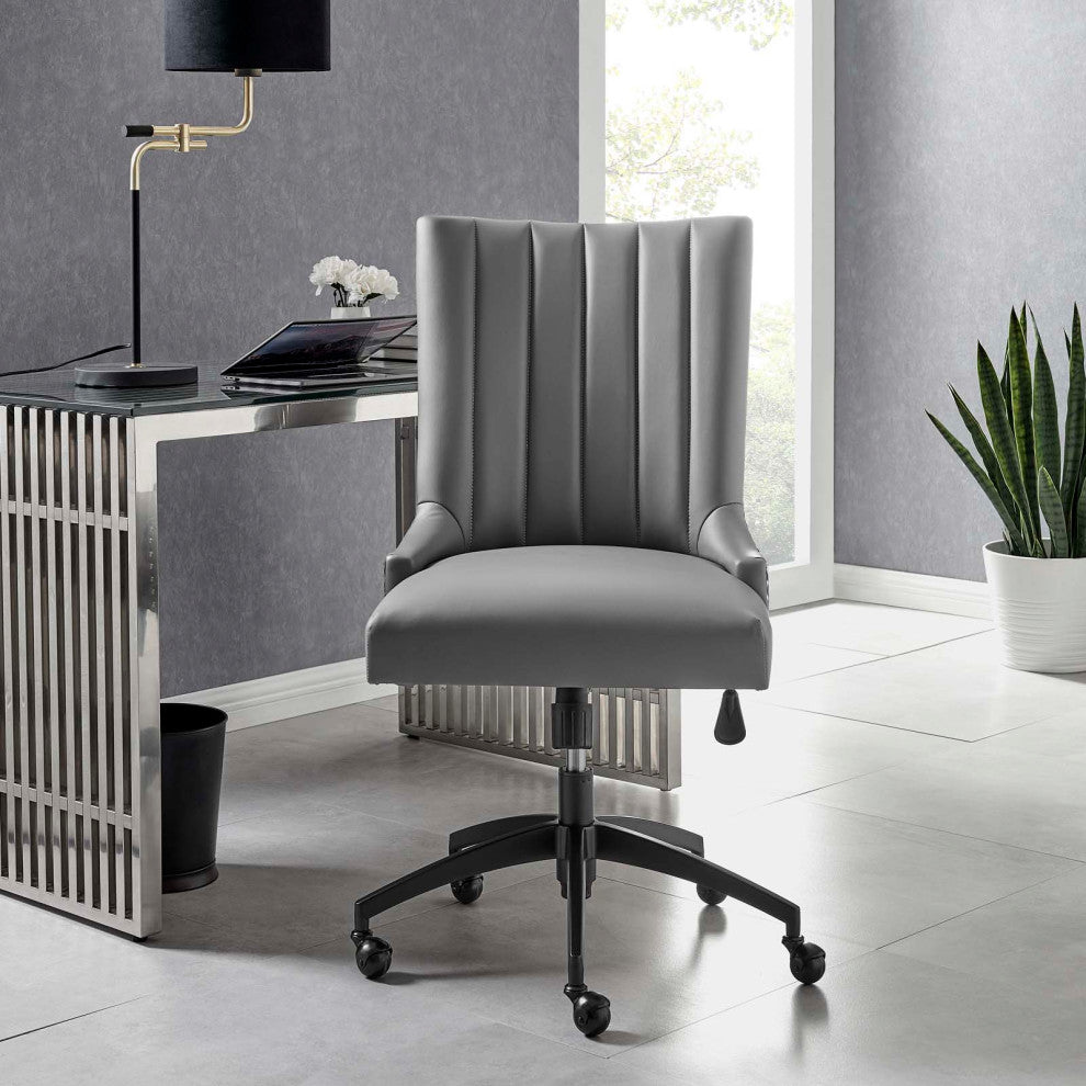 Computer Work Desk Tufted Chair, Faux Vegan Leather, Black Gray, Home Office
